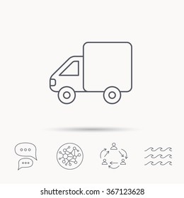 Delivery truck icon. Transportation car sign. Logistic service symbol. Global connect network, ocean wave and chat dialog icons. Teamwork symbol.