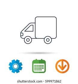 Delivery truck icon. Transportation car sign. Logistic service symbol. Calendar, cogwheel and download arrow signs. Colored flat web icons. Vector