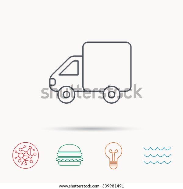 Delivery truck icon. Transportation car sign.\
Logistic service symbol. Global connect network, ocean wave and\
burger icons. Lightbulb lamp\
symbol.