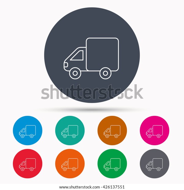 Delivery truck icon.\
Transportation car sign. Logistic service symbol. Icons in colour\
circle buttons.\
Vector