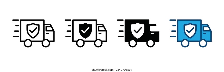 Delivery truck icon vector. Fast delivery or shipping insurance icon. Quick moving truck with shield protection icon symbol in line and flat style on white background for apps and website