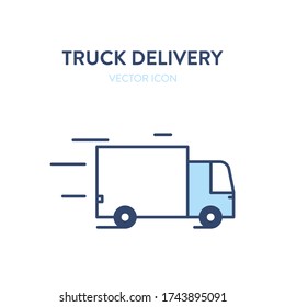 Delivery truck icon. Vector illustration of a moving freight car. Loaded truck icon. Represents a concept of large cargo delivery. Can be used as a logo, icon or label