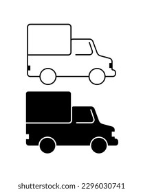 Delivery truck icon vector illustration with black and white color isolated in white background. Flat vector illustration. Delivery truck symbol for web design, templates, infographics, and more. 
