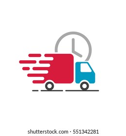 Delivery truck icon vector isolated on white background, flat line cargo van moving fast, idea of fast shipping service label