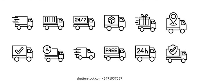Delivery truck icon vector set. Containing express, fast, location, logistic, distribution, shipment, protection, 24 hours, free shipping, package, time, confirmation, tracking, and freight