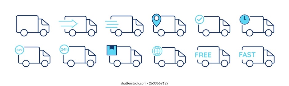Delivery truck icon vector set. Delivery service icons. Express shipping. Logistic trucking sign. Vector illustration.