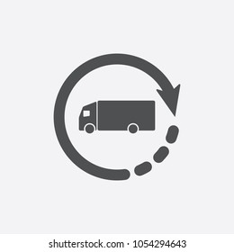 Delivery truck icon vector symbol, fast shipping cargo van. Timely delivery concept, truck and clock, order shipping on time, fast distribution services, shipment delay vector icon