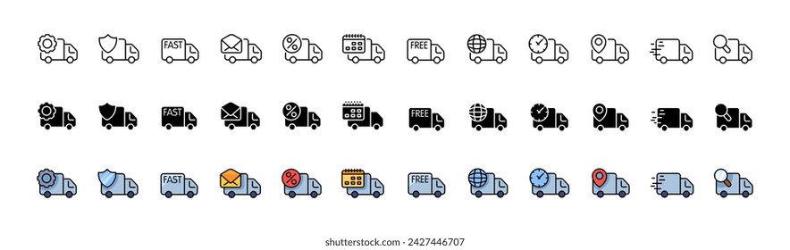 Delivery truck icons collection. Linear, silhouette and flat style. Vector icons