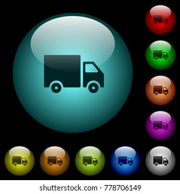 Delivery truck icons in color illuminated spherical glass buttons on black background. Can be used to black or dark templates