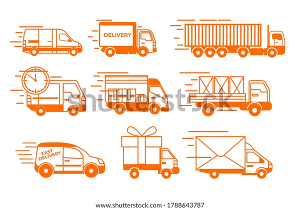 Delivery truck icons. Isolated flat van and\
truck vehicle icon collection. Moving delivery transport symbols.\
Fast business shipping, cargo service and transportation concept\
vector illustration