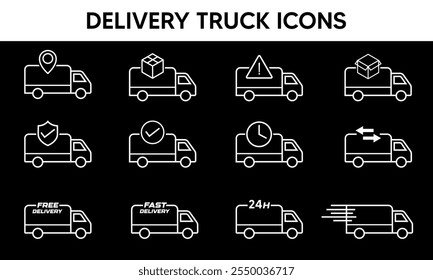 Delivery truck icons on black background, featuring various vehicle styles, ideal for shipping and logistics.