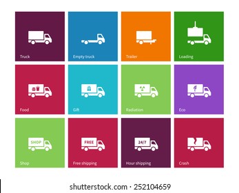 Delivery and truck icons on color background. Vector illustration.