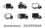 Delivery truck icons set. Fast delivery truck. Delivery service icons. Express shipping. Cargo van moving fast. Logistics trucking. Vector illustration.