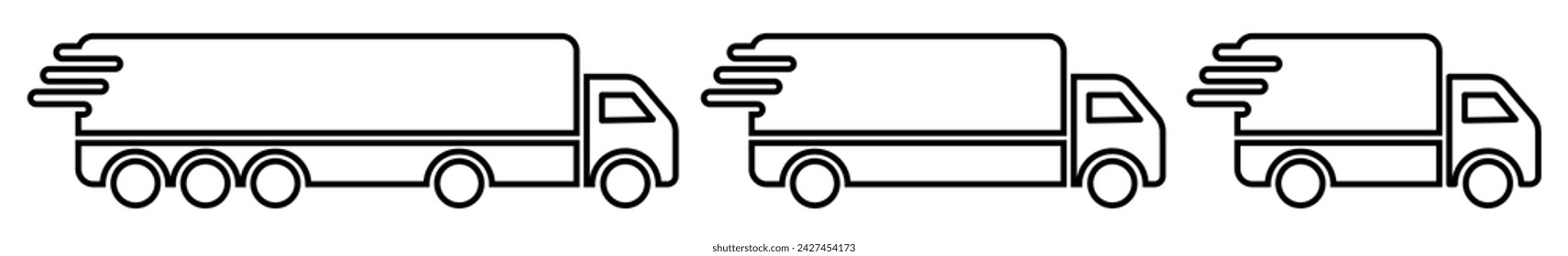 Delivery truck icons set. Fast delivery truck. Fast free shipping truck outline symbol. Free delivery 24 hours. Logistics trucking. Vector illustration