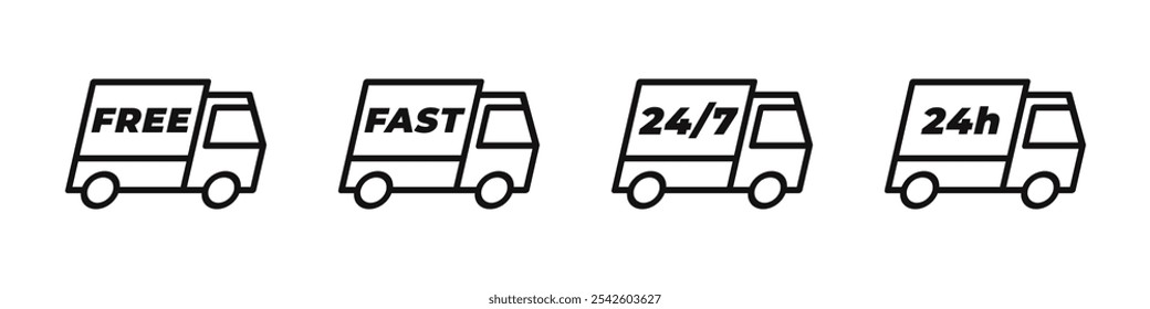 Delivery truck icons set. Fast, free, 24 hours symbol. Vector illustration.