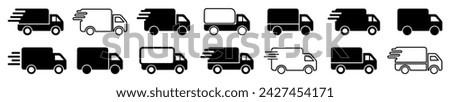 Delivery truck icons set. Fast delivery truck. Fast free shipping truck outline symbol. Free delivery 24 hours. Logistics trucking. Vector illustration