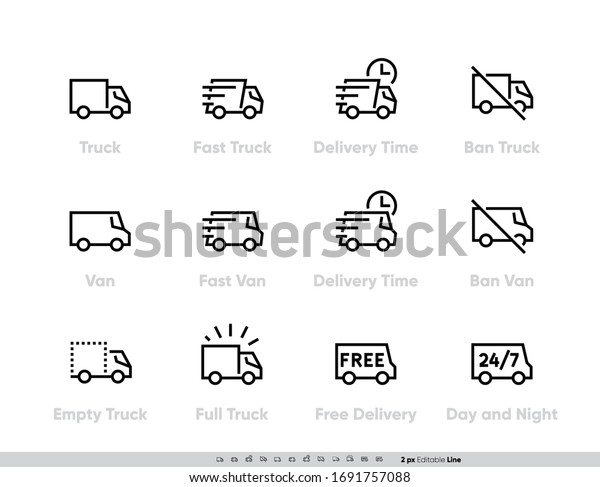 Delivery Truck icons set. Fast Truck, Minibus,\
Van, Delivery in Time, Ban, 24-7 Free Delivery. Vector Editable\
Line on white\
background