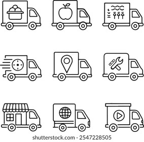 Delivery Truck Icons Set. Shipping Fast Delivery Icon. Cargo Van Moving Fast. Free Shipping Label, Express Delivery Badge, Fast Delivery Logo.