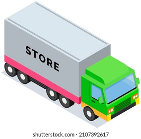 Delivery Truck Isolated On White Background. Wagon With Large Trailer For Transporting Goods Around World. Transport With Inscription Store. Delivery Of Parcels By Vehicle Vector Illustration