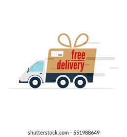 Delivery truck isolated on white background and cardboard box. Product goods shipping transport. Free service van - vector illustration.