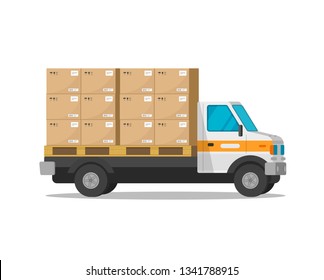 Delivery truck isolated with parcel cargo boxes vector illustration, flat cartoon freight van or courier lorry automobile with heavy load packages