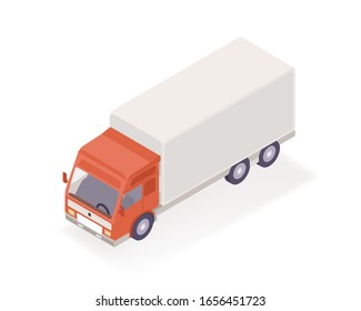 Delivery truck isometric vector illustration. Cartoon vehicle express supply parcel service isolated on white background. Modern postal maintenance shipment orders and goods