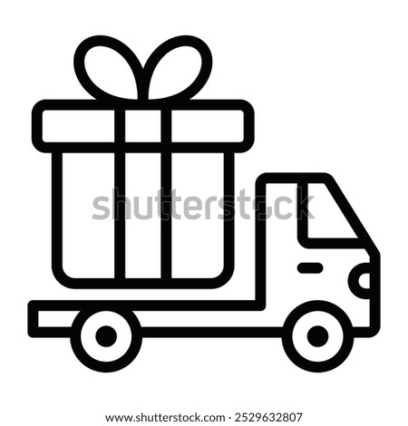 Delivery truck with a large gift box icon, perfect for illustrating shipping services for gifts, ecommerce, and logistics during holidays or special events. Editable stroke.