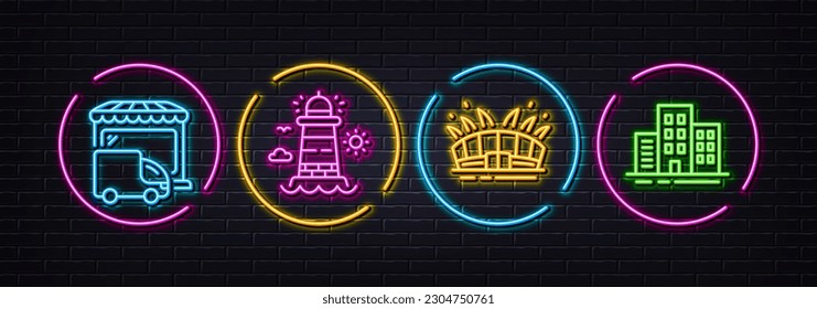 Delivery truck, Lighthouse and Arena stadium minimal line icons. Neon laser 3d lights. Buildings icons. For web, application, printing. Store transport, Beacon tower, Sport complex. Vector