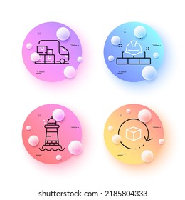 Delivery truck, Lighthouse and Return package minimal line icons. 3d spheres or balls buttons. Construction bricks icons. For web, application, printing. Vector