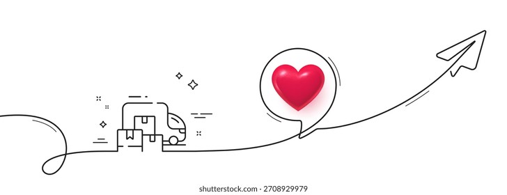 Icono de línea de camión de entrega. Línea continua con plano compartido. Cartel de mudanza a casa. Cosas símbolo de transporte. Corazón 3D en la burbuja del discurso. Camión de entrega de una sola línea cinta. Patrón de curva de bucle. Vector