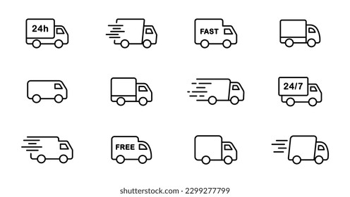 LKW-LKW-LKW-Leinen-Symbol-Set. Symbole für Express-Lieferwagen. Schnelltransporter. Kostenlose Lieferung 24 Stunden. Logistisches LKW-Zeichen. Vektorgrafik.