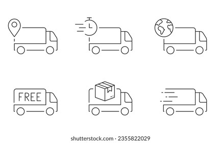 Delivery Truck Line Icon Set. Fast Van, Free Shipping Transport Linear Pictogram. Cargo Transportation Outline Symbol. Parcel Shipment, Logistic Sign. Editable Stroke. Isolated Vector Illustration.