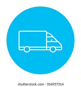 Delivery truck line icon for web, mobile and infographics. Vector white icon on the light blue circle isolated on white background.