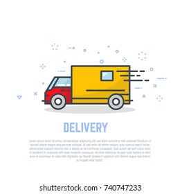Delivery truck line logo. Linear delivery company advertising. Bright colors, flat style line modern vector illustration. Template for banner or commercial.