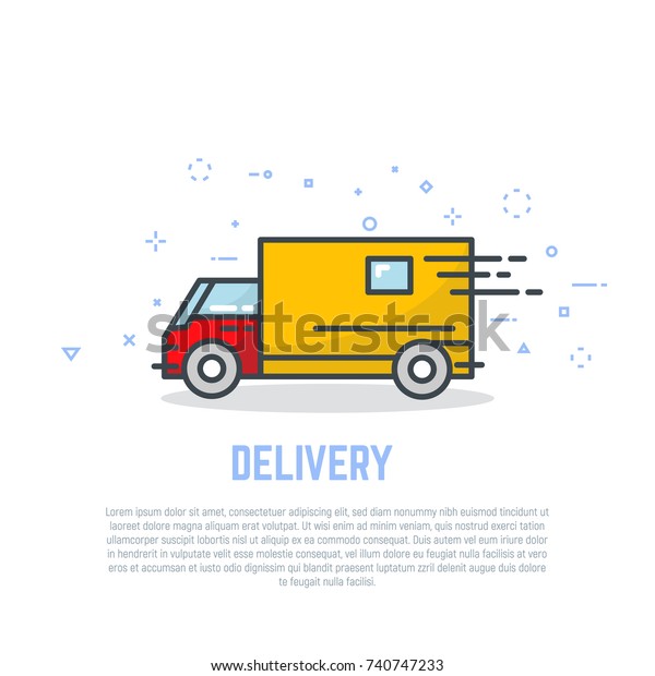 Delivery truck line logo.\
Linear delivery company advertising. Bright colors, flat style line\
modern vector illustration. Template for banner or\
commercial.\
\
