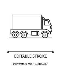 Delivery truck linear icon. Thin line illustration. Freight transport. Contour symbol. Vector isolated outline drawing. Editable stroke