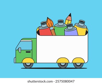 Delivery truck loaded with art supplies cartoon hand drawn vector illustration perfect for creative themes or educational content