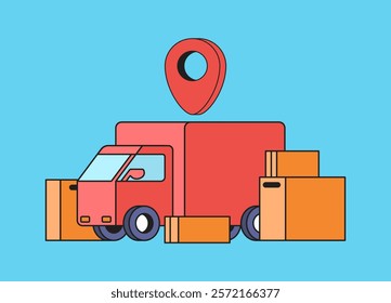 Delivery truck loaded with packages box and point map on top cartoon illustration hand drawn for logistics and shipping modern