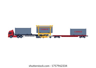 Delivery Truck, Loading of Cargo Container on Trailer Vector Illustration on White Background