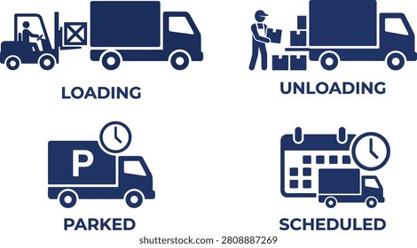 Delivery truck loading and unloading process icon set with scheduled calendar and parked van