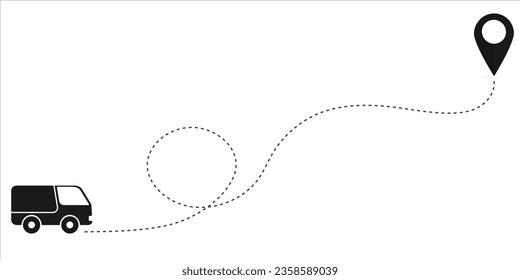 Delivery truck with location pin isolated on white background. silhouette of a car driving on the dashed track. Vector illustration.