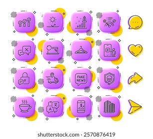 Delivery truck, Lock and Coffee cup line icons. App 3d buttons. Social media comment, share, like icons. Pack of No internet, Reject, Development plan icon. Vector