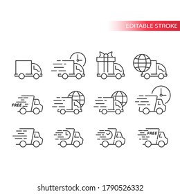 Delivery truck or lorry line vector icon set. Fast delivery, speed marks, clock and international shipping symbols. Outline, editable stroke.