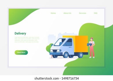 Delivery Truck and Man with Boxes Flat Vector Illustration design concept.