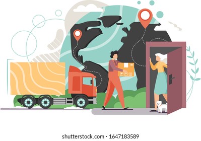 Delivery truck and man carrying parcel to woman door, world map with location pin, vector flat style design illustration. Express home delivery service, online shopping, cargo and shipping concept.