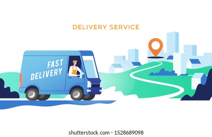 Delivery truck with man is carrying parcels on points. Concept online map, tracking, service. Vector illustration.