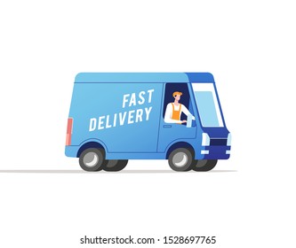 Delivery truck with man is carrying parcels. Vector illustration.