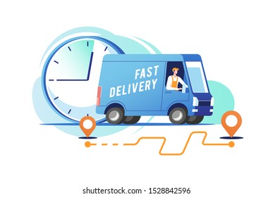 Delivery truck with man is carrying parcels. Vector illustration.