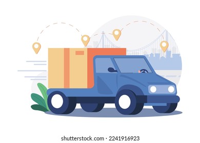 Delivery truck with man is carrying parcels on points