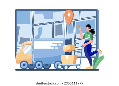 Delivery truck with man is carrying parcels on points